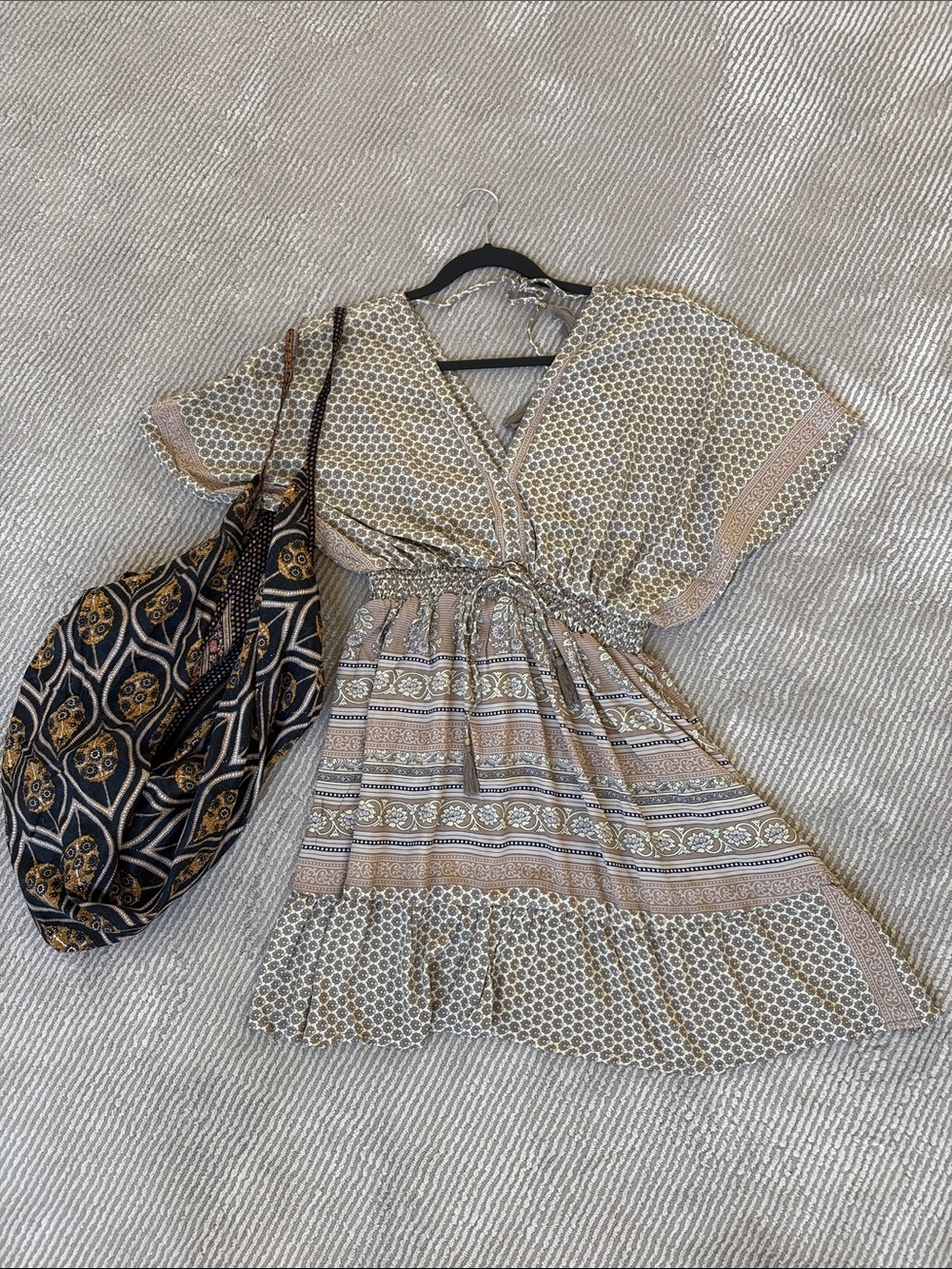 Boho Tie-Waist V-Neck Dress in Taupe